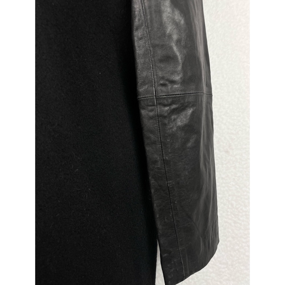 VINCE • Black Leather-Sleeve Shawl Collar Wool Trench Coat, XS - Picture 6 of 15